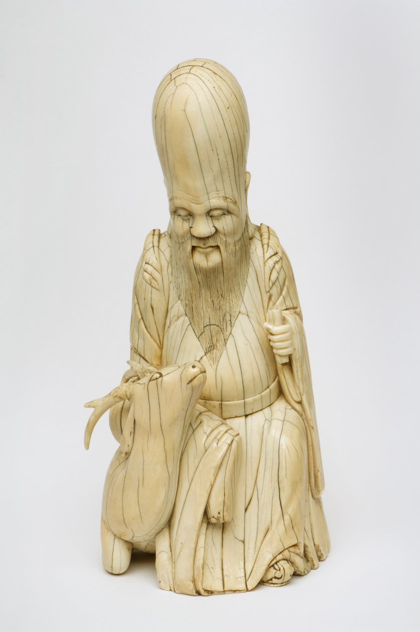 Shou Xing faragott elefántcsont figurája szarvassal ülve, 1580-1644 körül alkotó: Chinese School