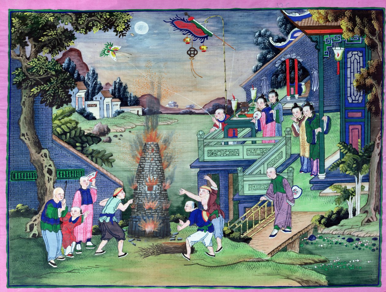 Ünneplés tűzijátékkal és sárkányokkal (festett textil) alkotó: Chinese School