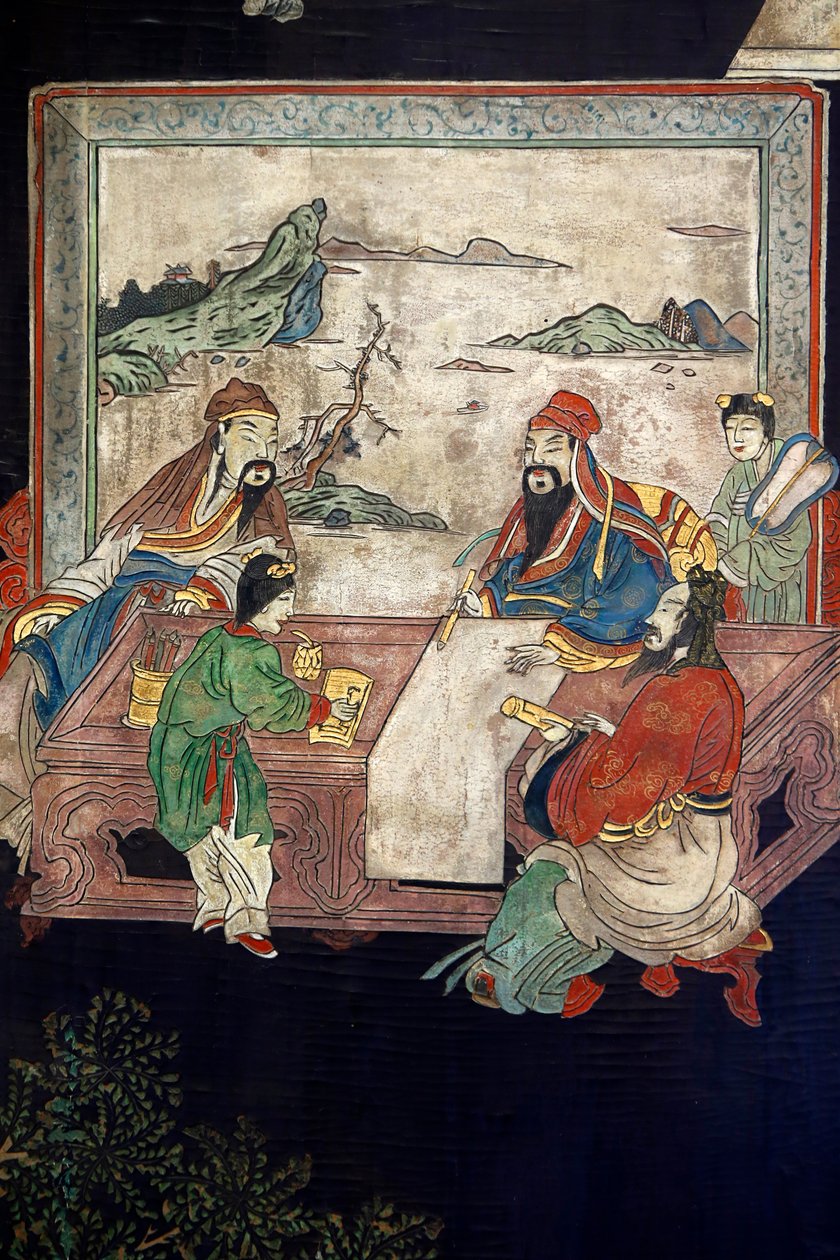 Coromandel lakk fa panelek Kínából, részlet, 1730 körül alkotó: Chinese School