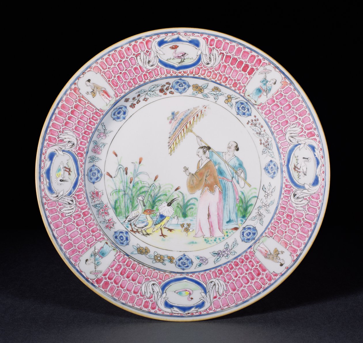 Famille Rose-val festett vacsoratál, amely La Dame au Parasol-t ábrázolja, Cornelis Pronk (1691-1759) tervei alapján Qianlong (1736-95) 1734 körül (porcelán) alkotó: Chinese School