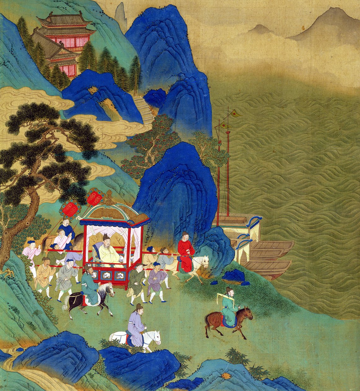 Chin Wang Ti császár (Kr. e. 221-206) palankinban utazik, a kínai császárok történetéből (szín a selyemen) alkotó: Chinese School