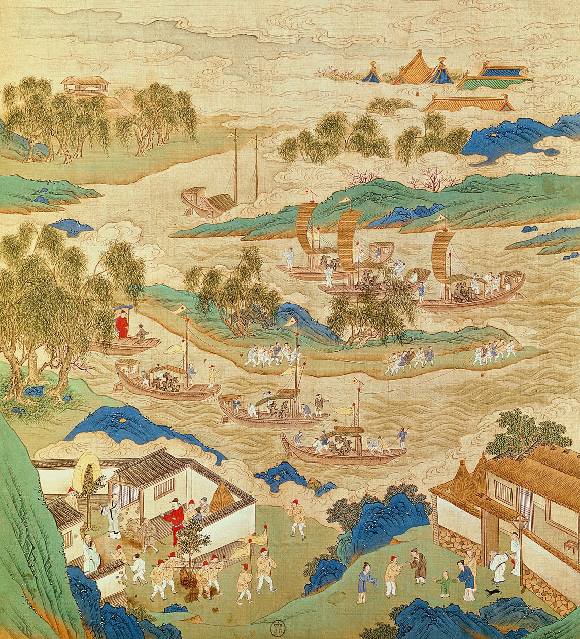 Hui Tsung császár (1100-26) áttört köveket és furcsa alakú fákat szállít a kínai császárok történetéből (szín a selyemen) alkotó: Chinese School