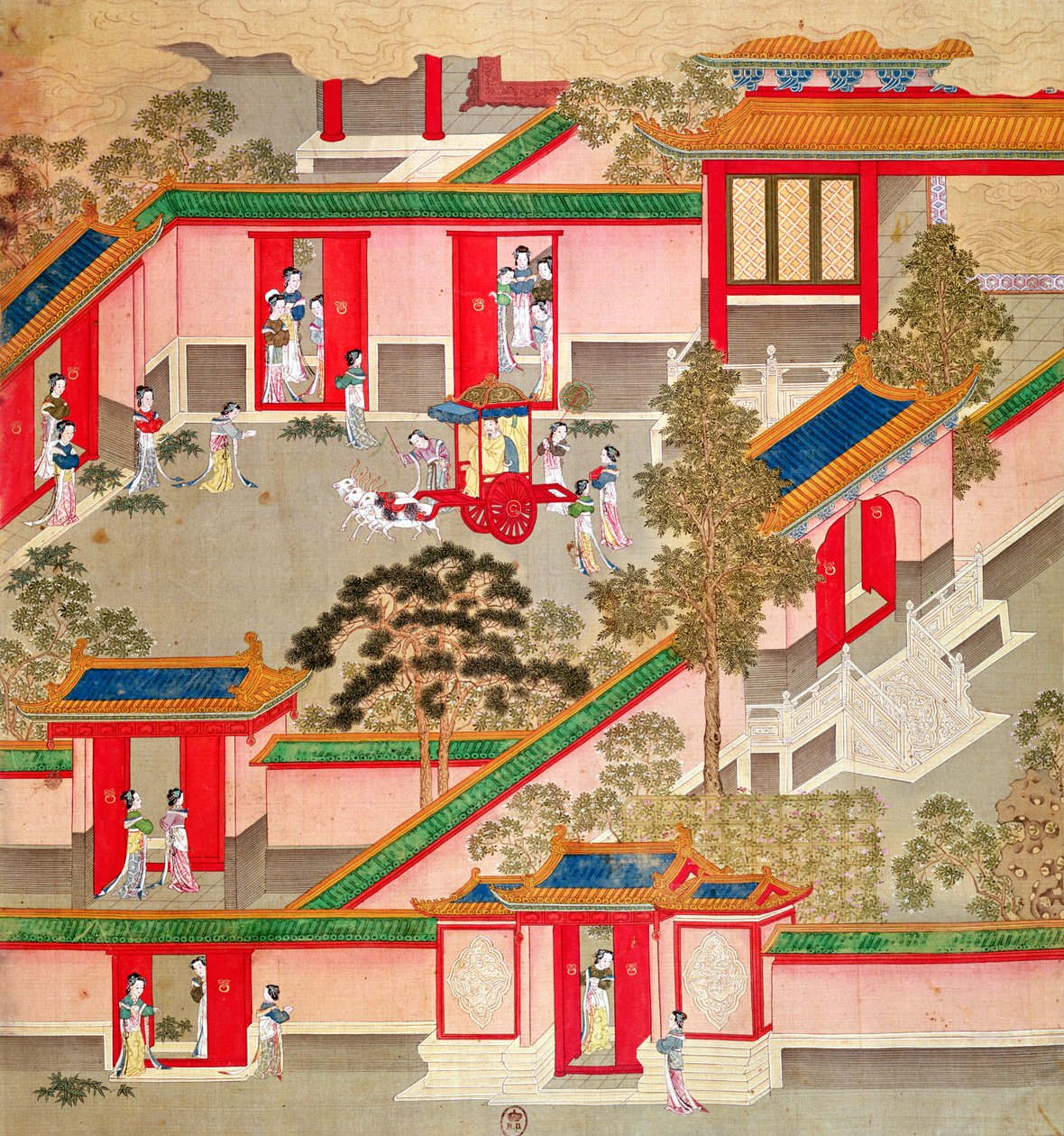 Wu Ti császár (156-87, i.e. 141-87), elhagyja palotáját, a kínai császárok történetéből (szín a selyemen) alkotó: Chinese School