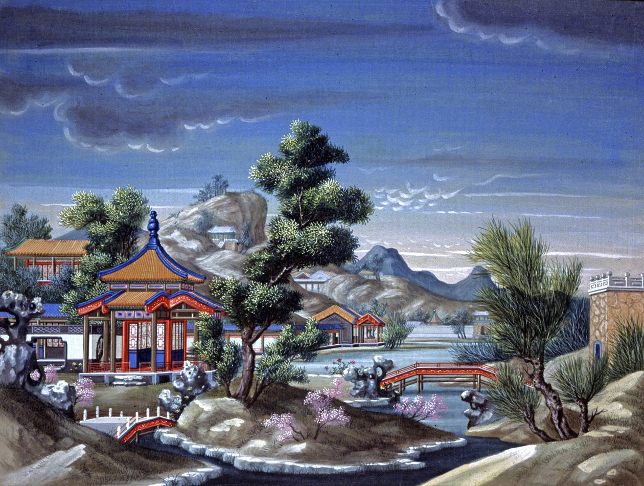 Táj Kínában, 1850 körül (akvarell, selyem) alkotó: Chinese School