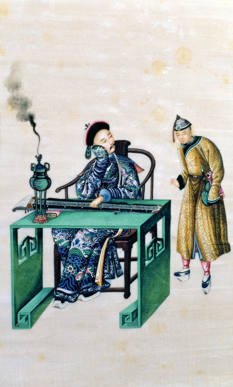 Férfi hosszú citerával az asztalnál, szolgával alkotó: Chinese School