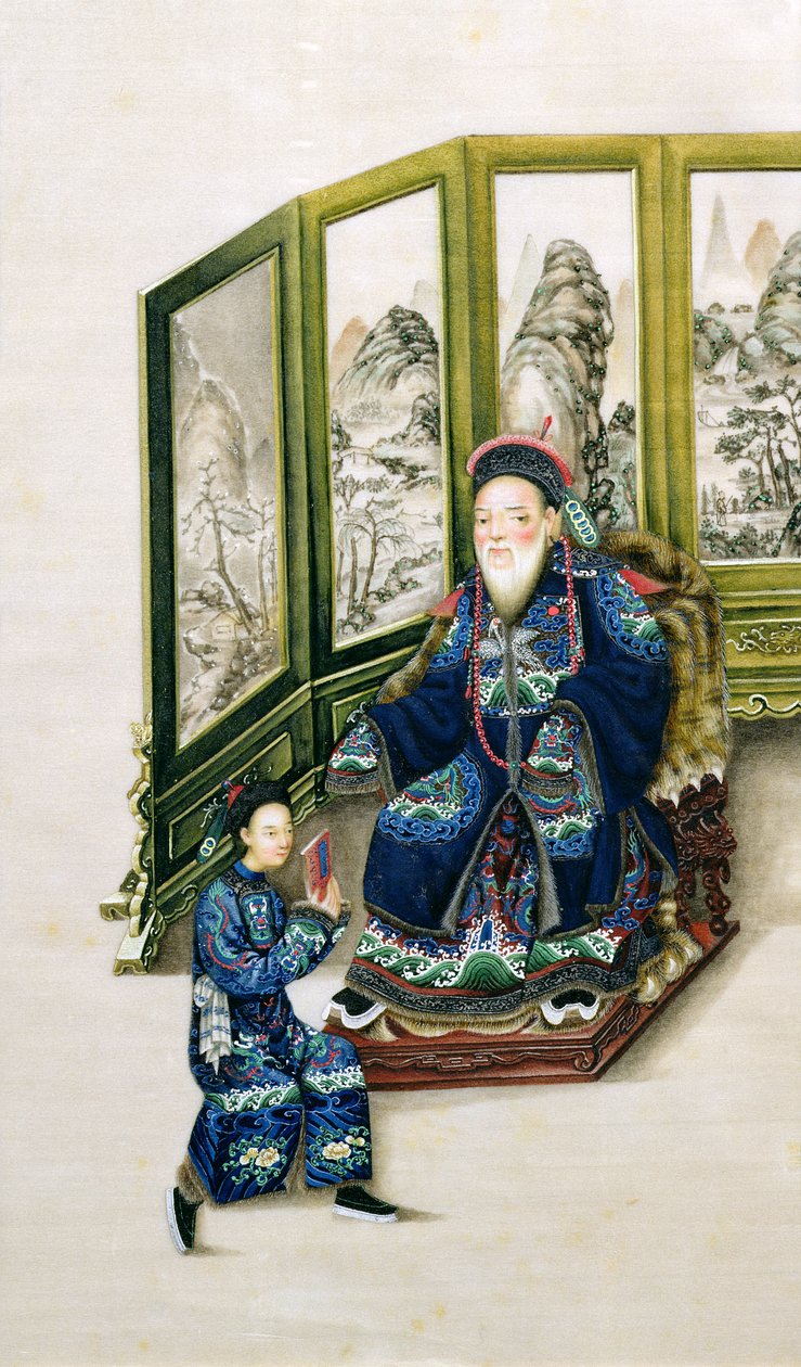 Öreg ember ül, és egy szolga olvas alkotó: Chinese School