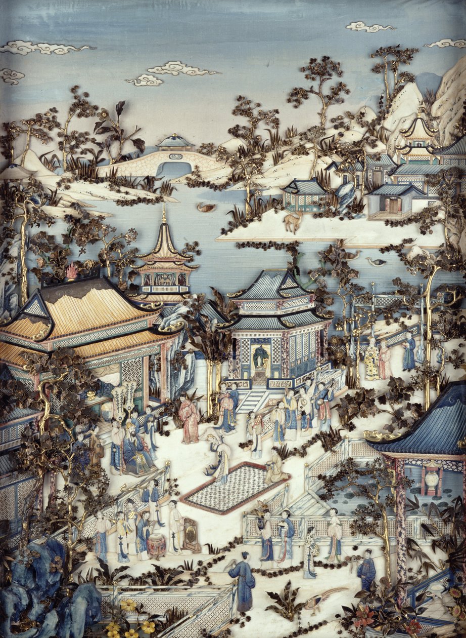 Panel egy méltóságot ábrázoló kísérőkkel, akik egy női táncosnőt néznek, Qianlong időszak, 1736-95 (egy pár) (polikróm elefántcsont) (lásd: 206572) alkotó: Chinese School