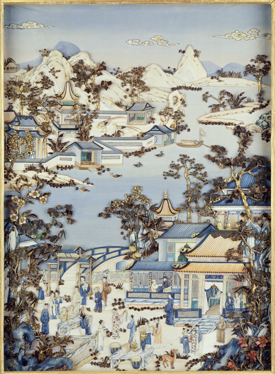Panelek, amelyek alakokat ábrázolnak egy teraszon, Qianlong időszak, 1736-95 (polikróm elefántcsont) (egy pár) (lásd: 206571, 206573) alkotó: Chinese School