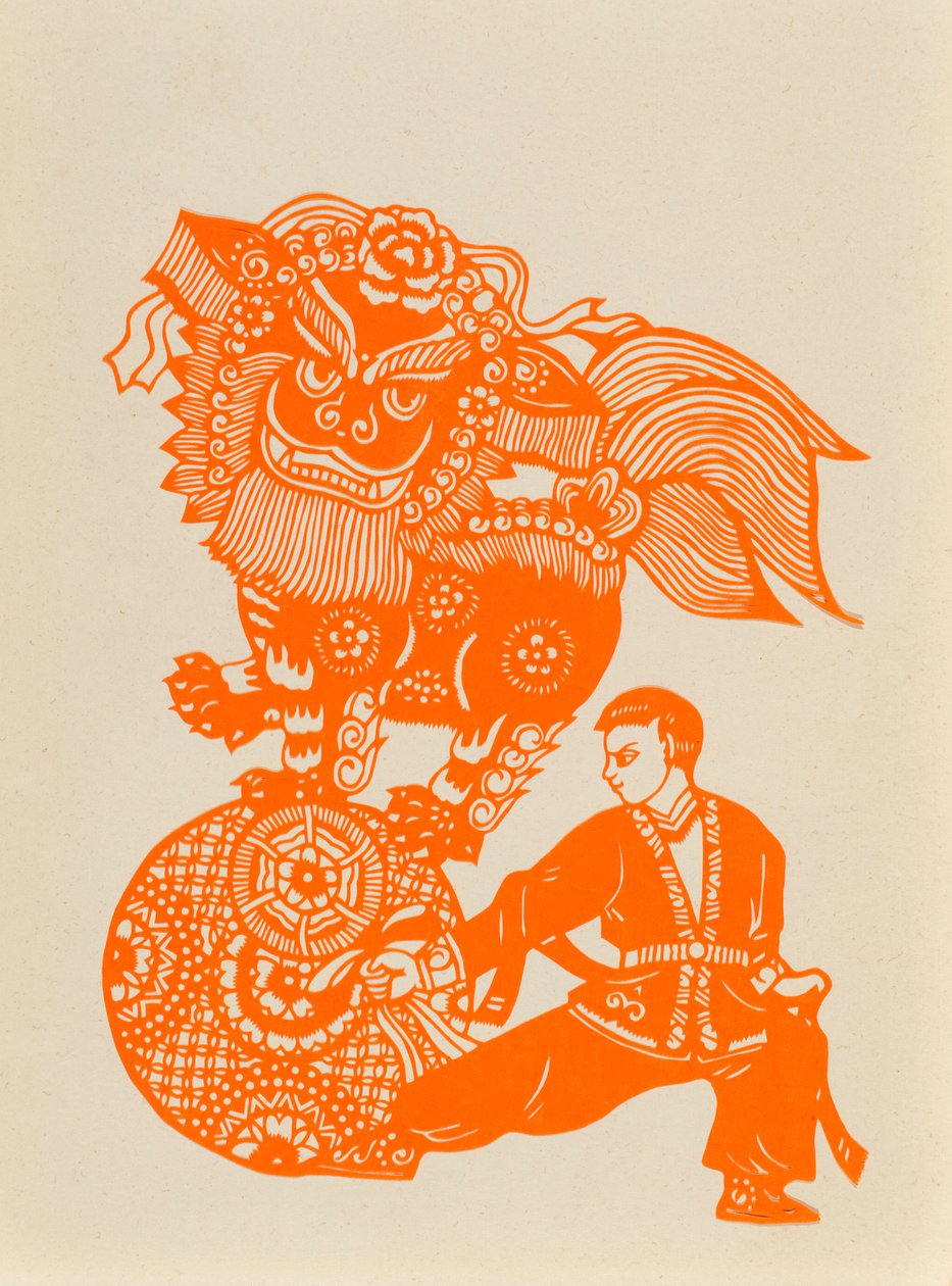Oroszlántáncot ábrázoló papírmetszet (vágott papír) alkotó: Chinese School
