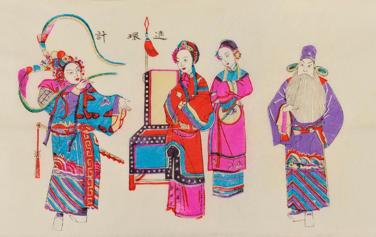 Kínai operajelenet nyomata (színes fadarab papíron) alkotó: Chinese School