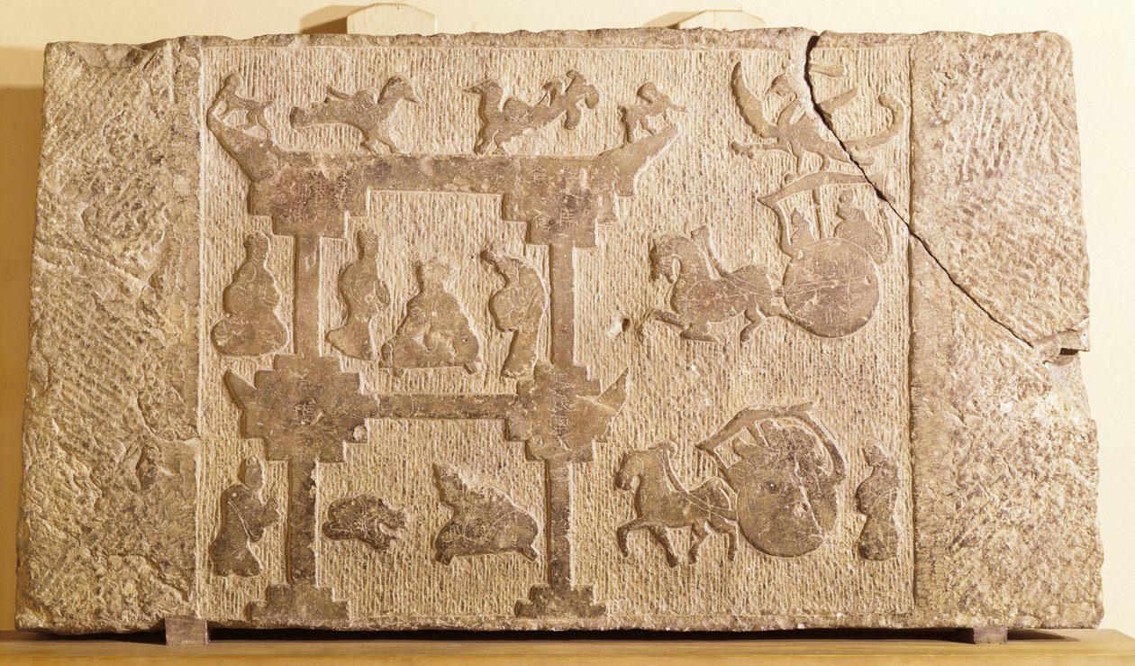 Kocsikkal és mitikus madarakkal díszített tábla, Han-dinasztia (i.e. 206-i.sz. 220) (homokkő) alkotó: Chinese School
