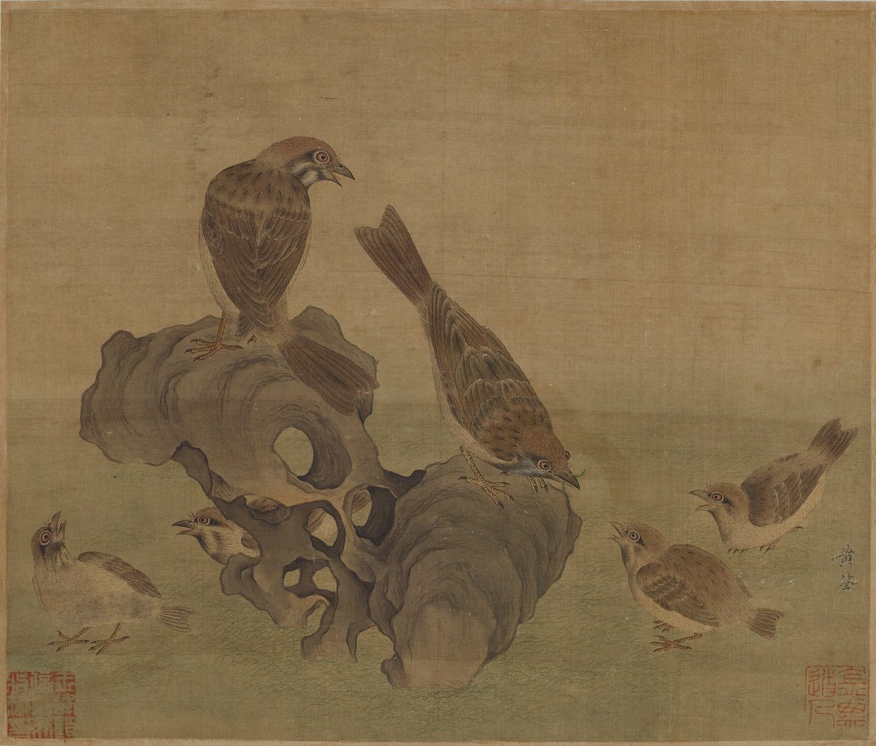 Fiatalaikat tápláló verebek, Ming vagy Qing-dinasztia alkotó: Chinese School