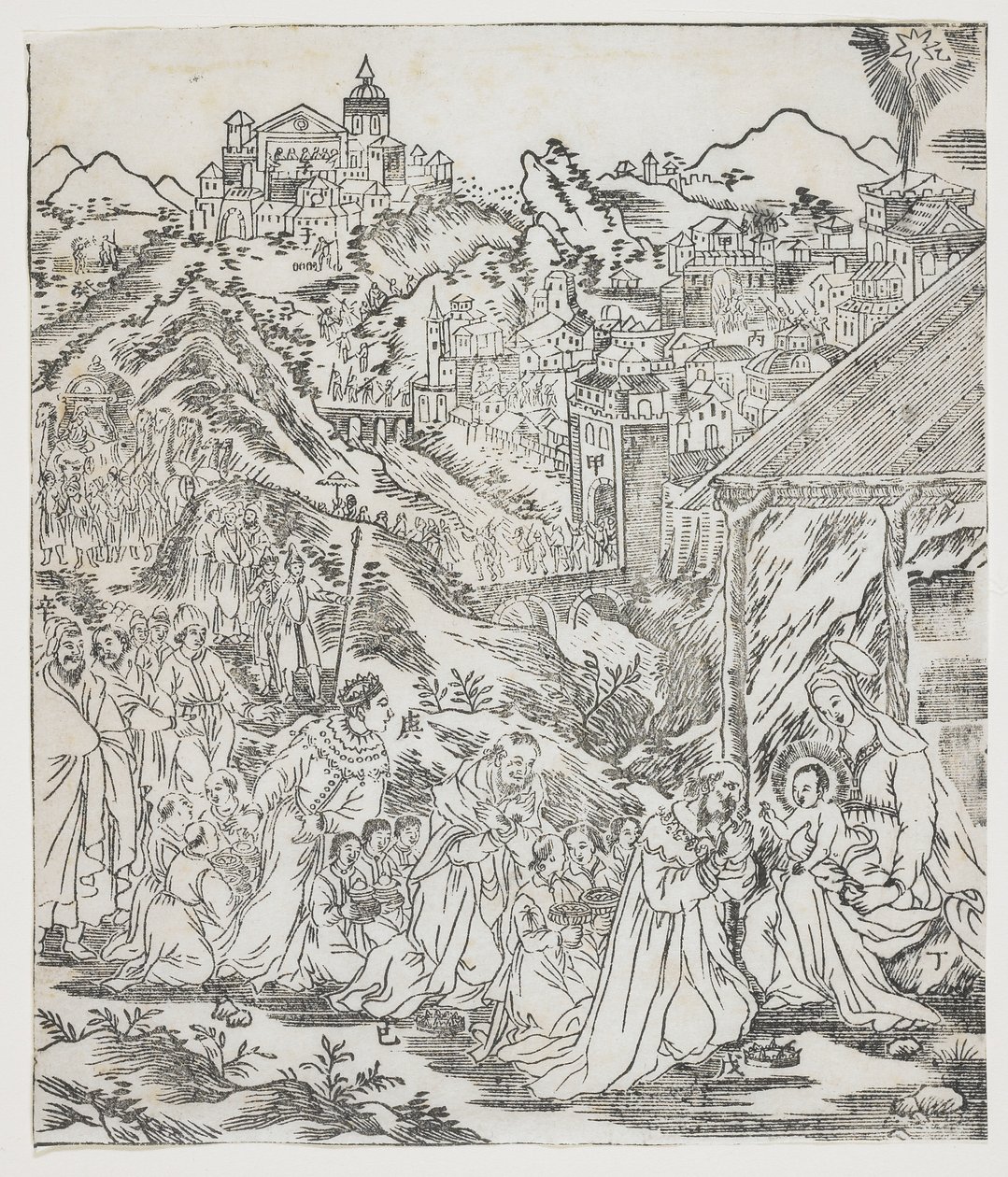 Krisztus imádása, Giulio Alenis Tianzhu jiangsheng zhuxiang jingjie (A testben megtestesült Menny Urának illusztrált története), Jinjiang templom, Fujian tartomány alkotó: Chinese School