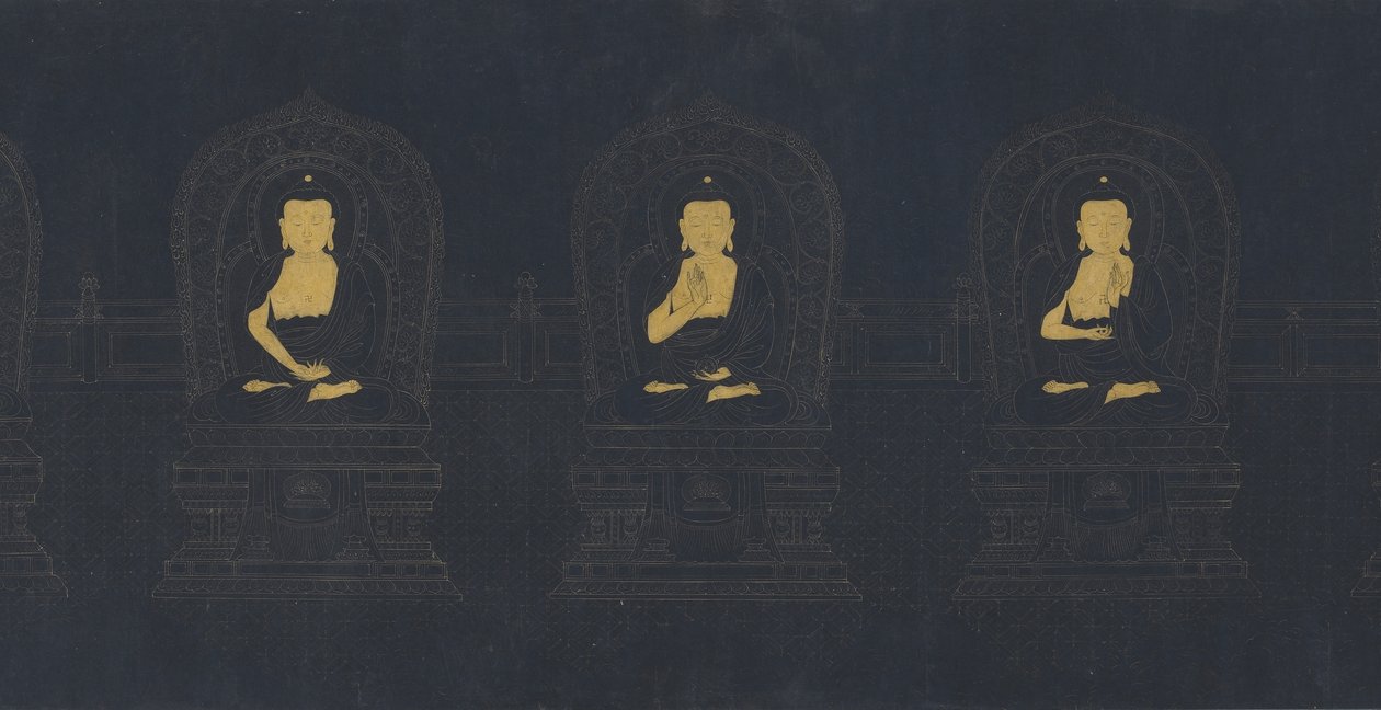 A múlt hét buddhája, valószínűleg a Ming-dinasztia (arany és fehér pigment a sötétkék papíron) alkotó: Chinese School
