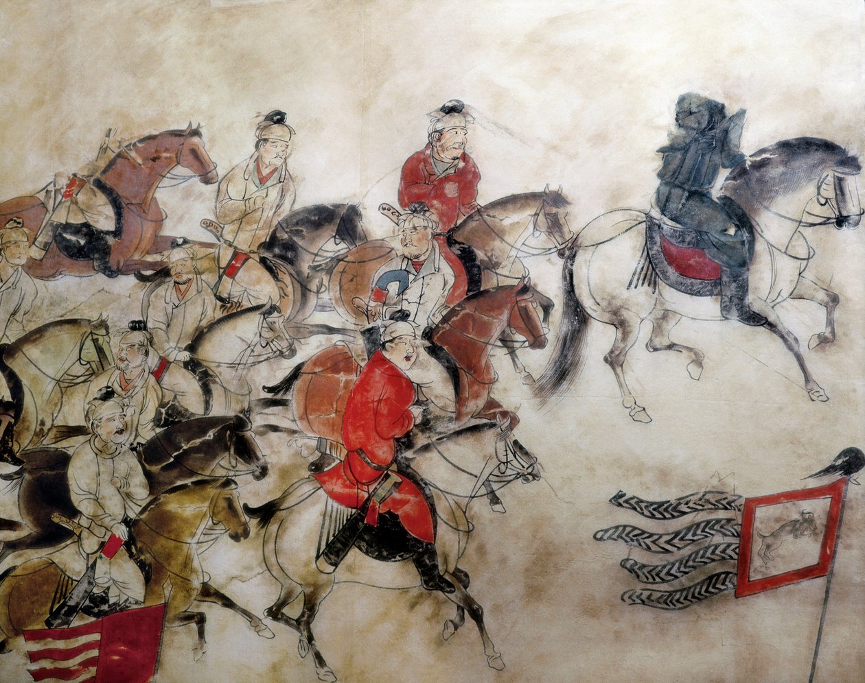 Zhanghuai herceg sírja, vadászjelenet lovakkal, Xian, Han-korszak, 706 (falfestmény) alkotó: Chinese School