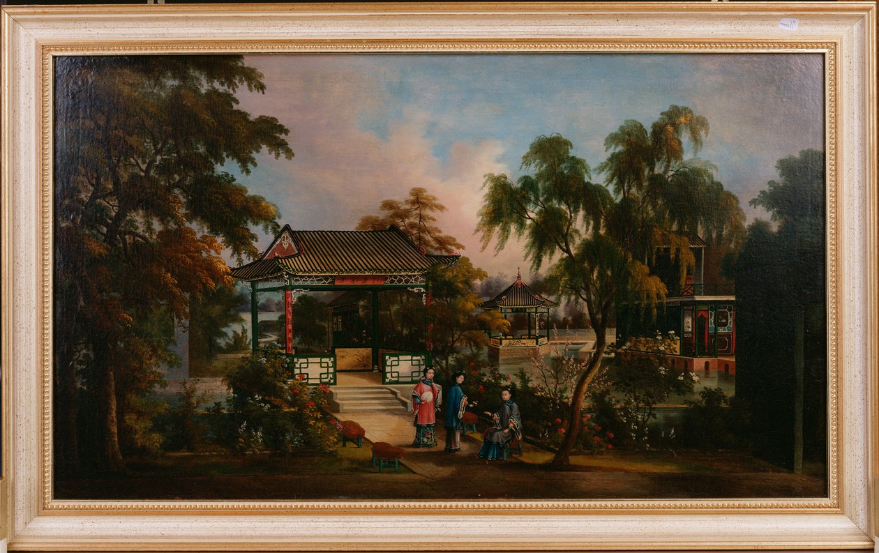 Kilátás a kantoni Howqua kertjére hölgyekkel egy pavilon mellett, 1850 körül alkotó: Chinese School