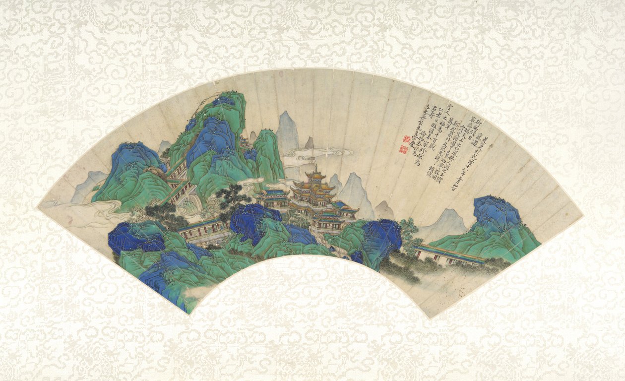 Halhatatlanok palotái, összecsukható legyező albumlapként, 1753 (tinta, szín és arany papíron) alkotó: Chinese School Chinese School