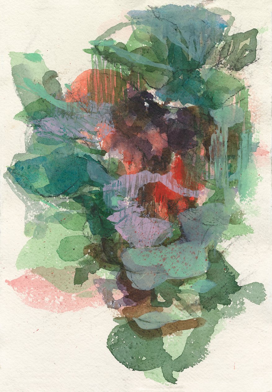 Absztrakt kompozíció, Organikus formák/növénysorozat, 2021, akvarell, tinta, szén és gouache akvarellpapírra. alkotó: Ching Fun Tso