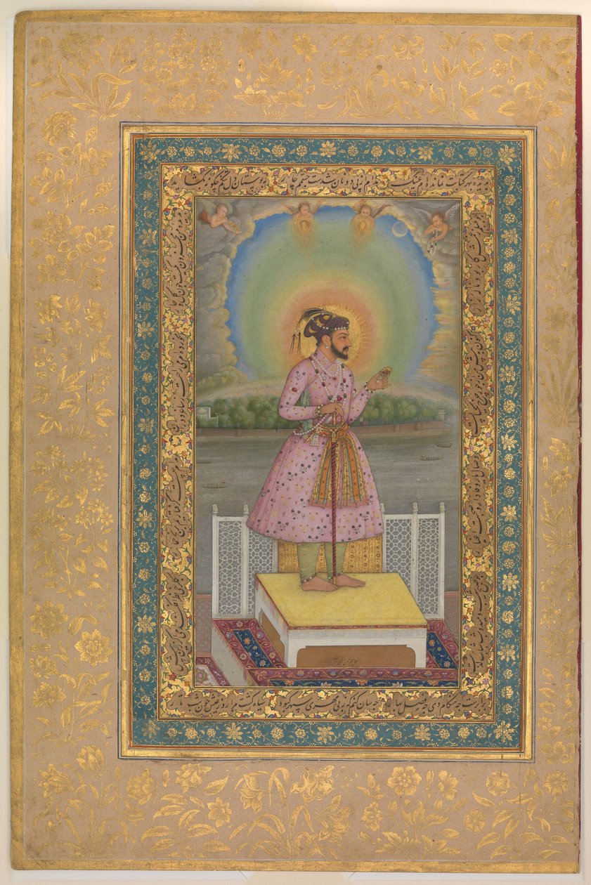 Shah Jahan a teraszon, kezében egy medálkészlet a portréjával, fólió a Shah Jahan albumból, recto: 1627–28 alkotó: Chitarman