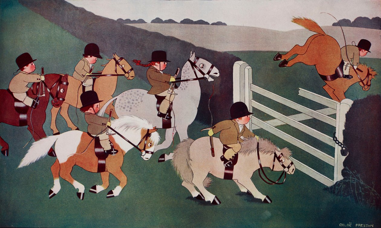 The gate crashers, zsokék lóháton, Chloe Preston (1887-1969) karikatúrája a The Tatler 1435. számából, december 26. alkotó: Chloe Preston