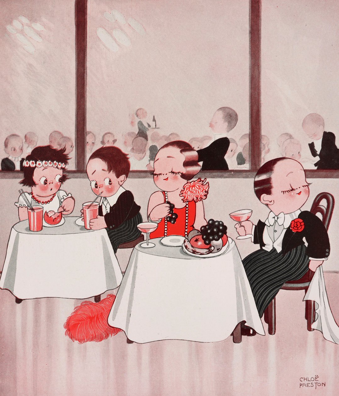 Városi egerek és vidéki egerek, kifinomult polgárok kontra kifinomult vidéki emberek, éttermi jelenet, Chloe Preston (1887-1969) rajza, The Tatler, 1384. szám, január 4. alkotó: Chloe Preston