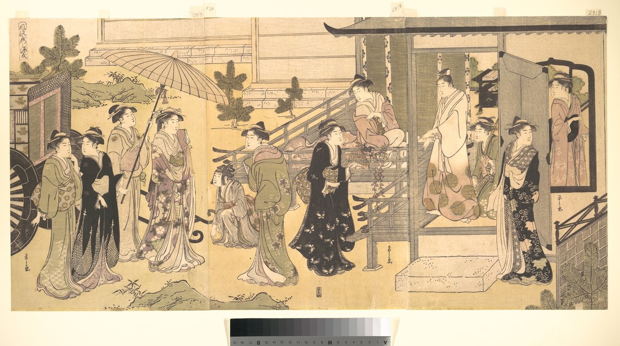 Álcázott jelenet a Gendzsi regényéből (Fūryū Yatsushi Genji), 33. fejezet, „Lilaakáclevelek (Fuji no uraba)” alkotó: Chobunsai Eishi