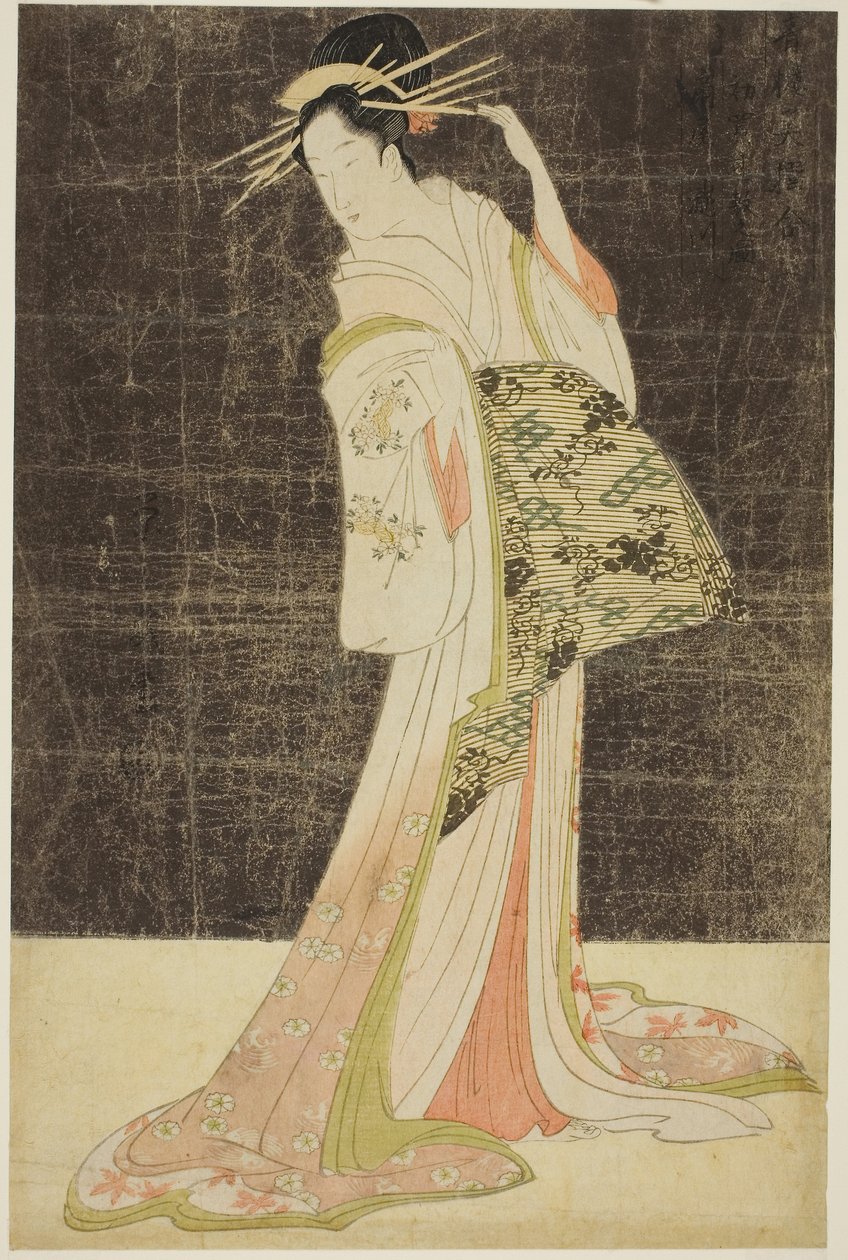 A Selection of Beauty from the Pleasure Quarters (Seiro bijin awase): Courtesans Hired for the New Years Holidays - Takigawa of the Ogiya, c.1794 (colour woodblock print; oban) alkotó: Chobunsai Eishi