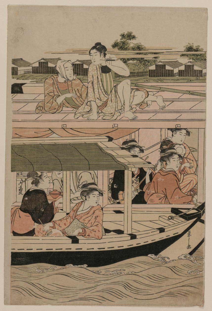 Csónakázó parti a Sumida folyón, 1780-as évek végén. alkotó: Chobunsai Eishi