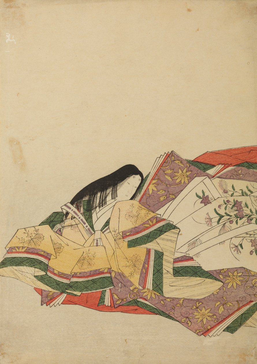 Ülő, balra forduló udvari hölgy, az album egyik lapja: Nishiki-zuri onna sanju rokkasen e-zukushi alkotó: Chobunsai Eishi