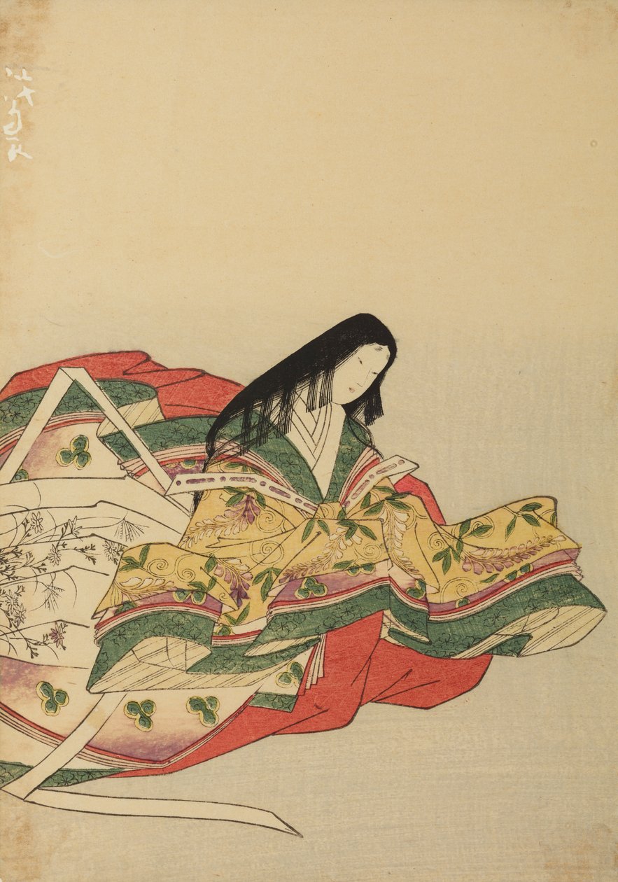 Ülő, jobbra forduló udvarhölgy, az album egyik lapja: Nishiki-zuri onna sanju rokkasen e-zukushi alkotó: Chobunsai Eishi