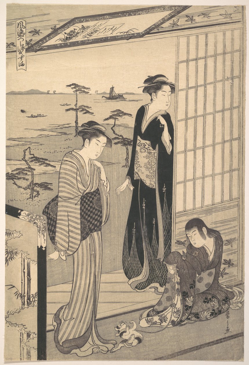 Genji száműzetésben Sumában, a „Genji divatos, modern köntösben” (Fūryū yatsushi Genji: Suma) című sorozatból alkotó: Chobunsai Eishi