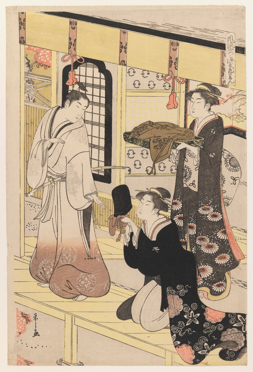 Hana no En, az Eight Views of Disguised Genjiből, 1790 körül (színes fatömbnyomat) alkotó: Chobunsai Eishi