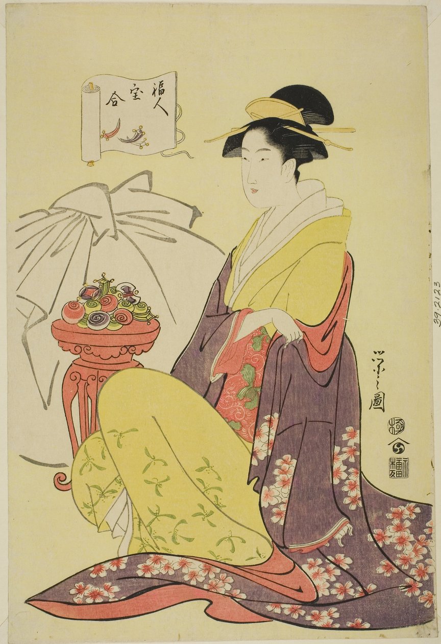 Hotei, a "A jó szerencse istenei kincseinek összehasonlítása (Fukujin takara awase)" sorozatból, 1795 körül (színes fametszet; oban) alkotó: Chobunsai Eishi