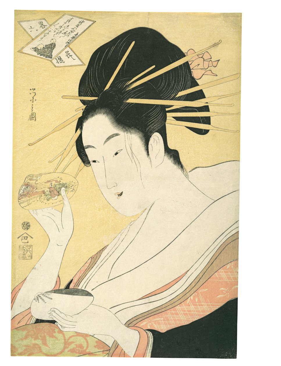Kagylópárosítás (Kai-awase), „Kisen Hōshi“, a Hat halhatatlan költő modern paródiái című sorozatból (Yatsushi rokkasen: Kisen Hōshi) alkotó: Chobunsai Eishi