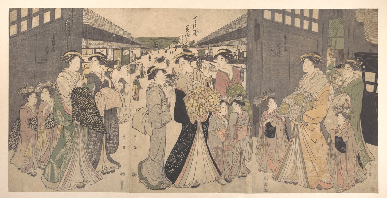Oiran és kísérői a Yoshiwara Ō Mon, azaz Nagy Kapujánál alkotó: Chobunsai Eishi