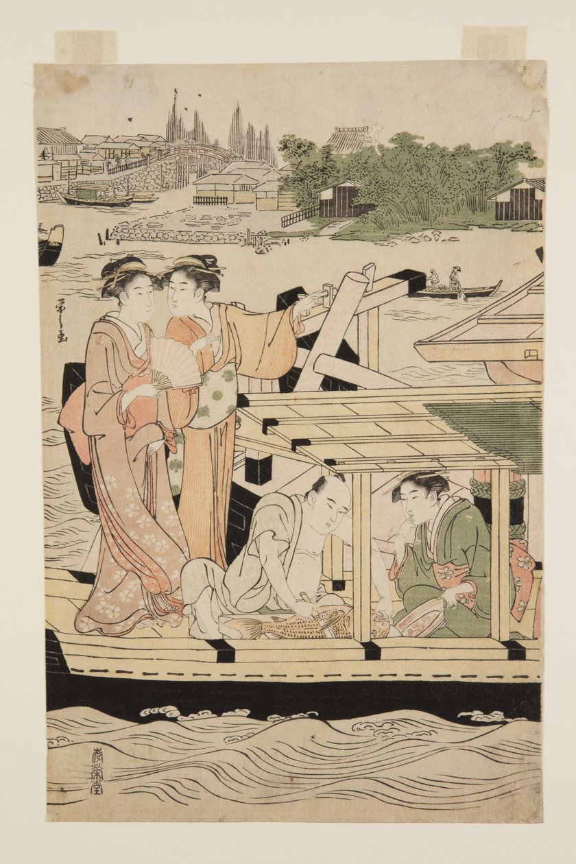 Élményhajók a Sumida folyón a Shin-?hashi híd alatt (színes fatömbnyomat) alkotó: Chobunsai Eishi