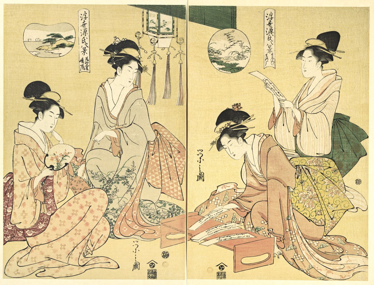 Szellemidéző; hazatérő vadludak (Maboroshi; Rakugan) (jobbra) és vékony felhőfátyol; tisztuló idő (Usugumo; Seiran) (balra), a Genji történetének nyolc látképe a lebegő világban című sorozatból (Ukiyo Genji hakkei) alkotó: Chobunsai Eishi