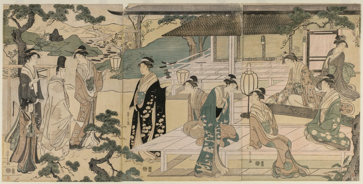 A Genji meséjének Matsukaze fejezete (a Genji meséje című sorozatból, elegáns, modern ruhában) alkotó: Chobunsai Eishi