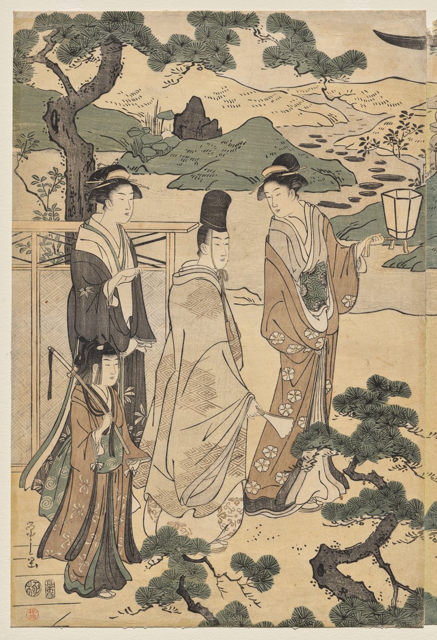 A Genji meséjének Matsukaze fejezete (a Genji meséje című sorozatból, elegáns, modern ruhában) alkotó: Chobunsai Eishi