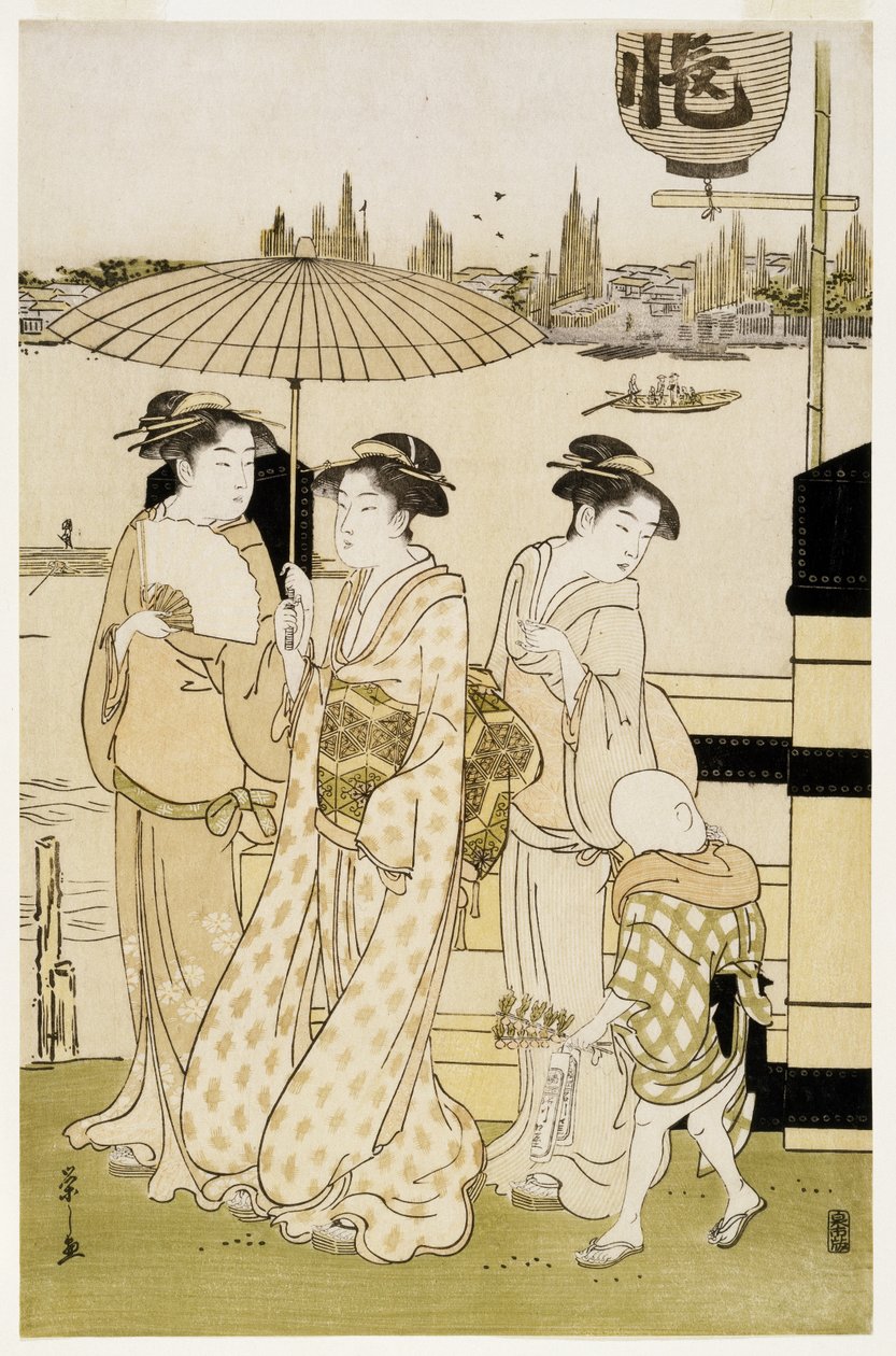 Három nő és egy fiú a Sumida folyó mentén, 1788-89 (fanyomat) alkotó: Chobunsai Eishi