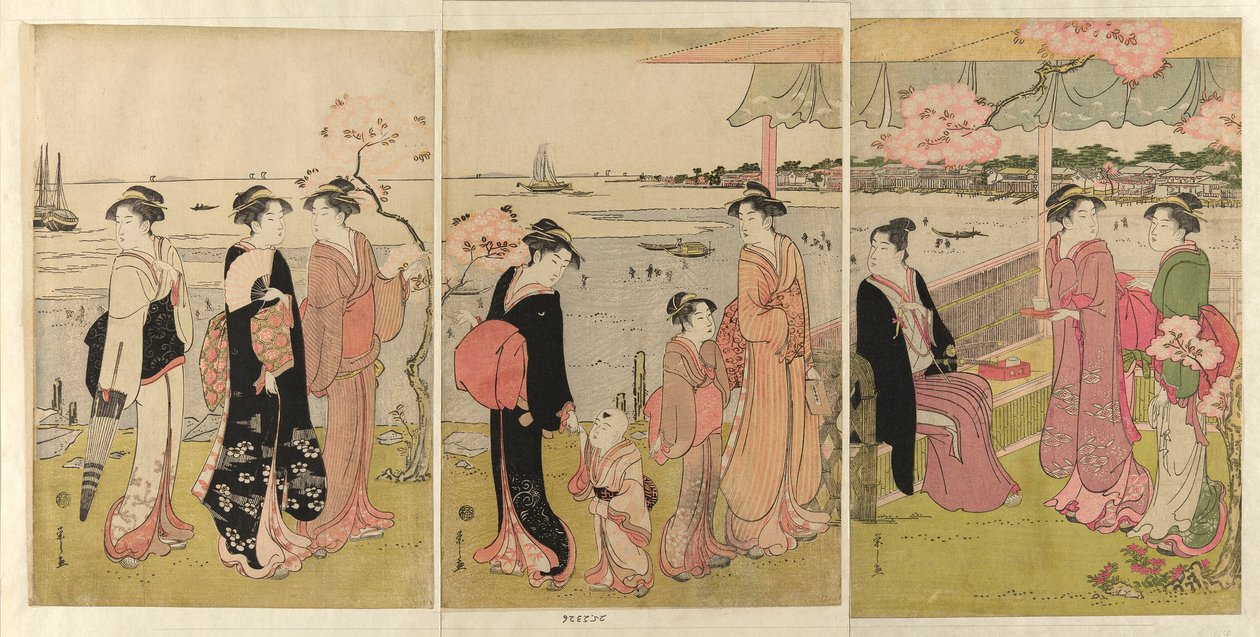 Japán tchin g tee kagylós hal horgászat g w földön Shinagawában (Shinagawa kagyló ásó városnézés) alkotó: Chobunsai Eishi