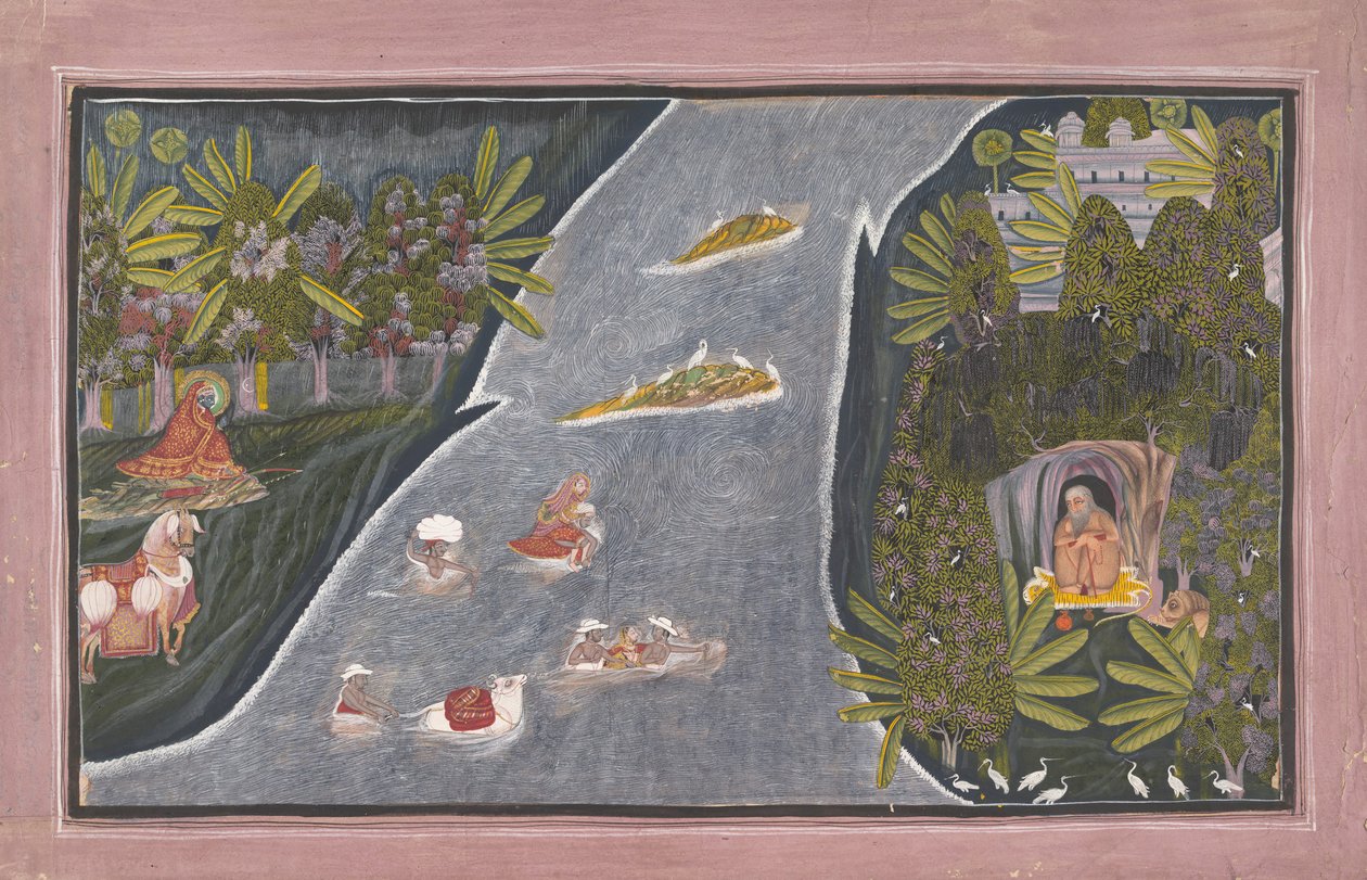 Radha átkel egy folyón, hogy interjút készítsen egy hindu bölcsvel, kb. 1820. alkotó: Chokha