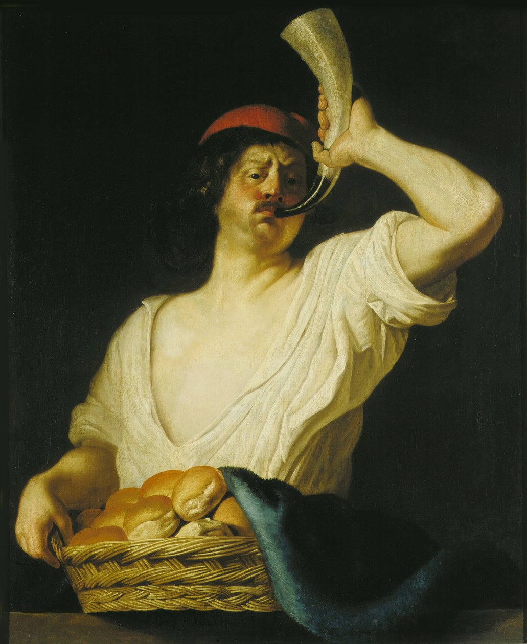 Egy pék kürtöt fúj, 1650. alkotó: Christiaen van Couwenbergh