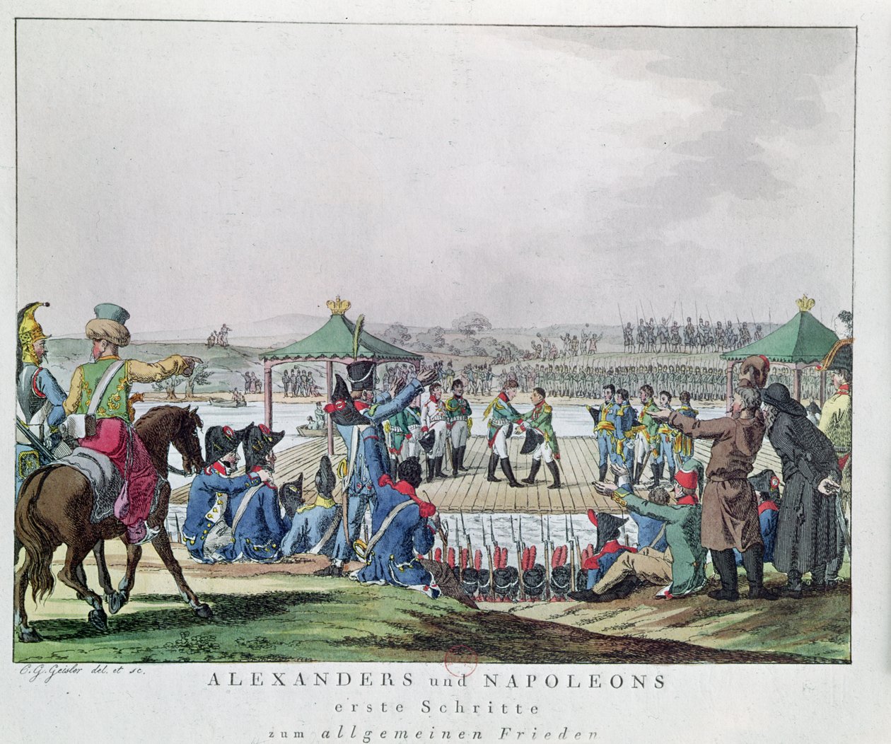 I. Sándor (1777-1825) és Napóleon (1769-1821) megteszik az első lépéseket az általános békeállapot felé, 1807. június 26. (színes metszet) alkotó: Christian Gottfried Geissler