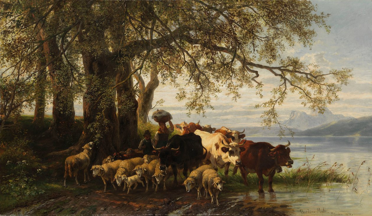 Farmer felesége és pásztorfiú marha- és juhcsordával a tó partján alkotó: Christian Mali