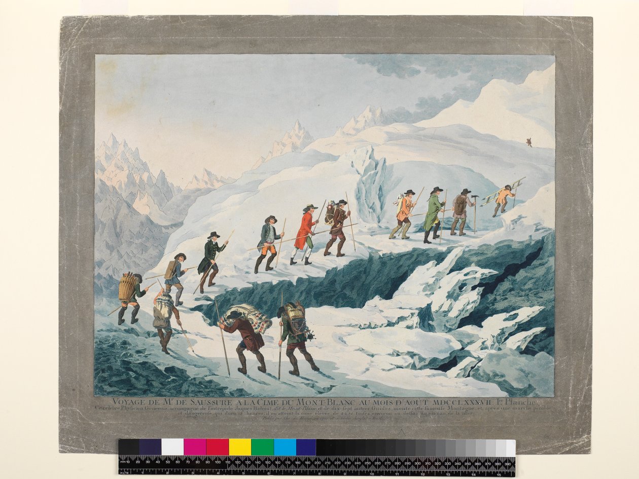 Valentin-Richards. M. de Saussure felemelkedése a Mont Blanc-ra 1787 augusztusában, 1790 körül (nyomtatott) alkotó: Christian von Mechel