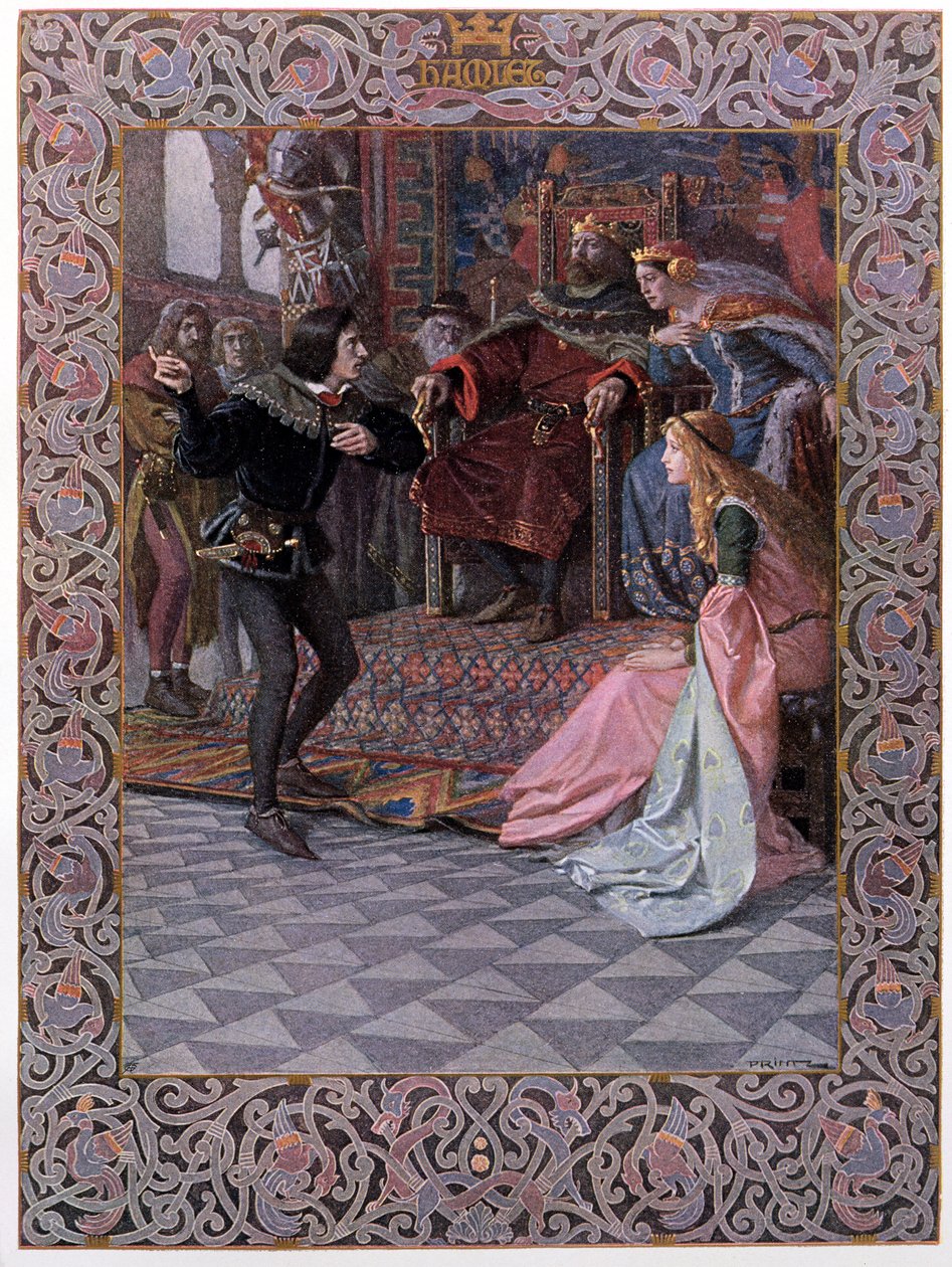 Hamlet Claudius király, Gertrud királynő és Ophelia előtt, jelenet William Shakespeare (1564-1616) Hamlet című művéből, 1900 körül alkotó: Christian August Printz