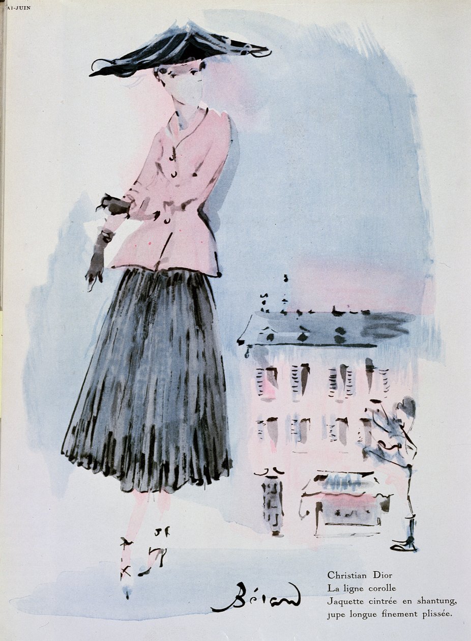 Christian Dior divattányérja, illusztráció a „Vogue” magazinból, 1947. június (színes gravírozás) alkotó: Christian Bérard