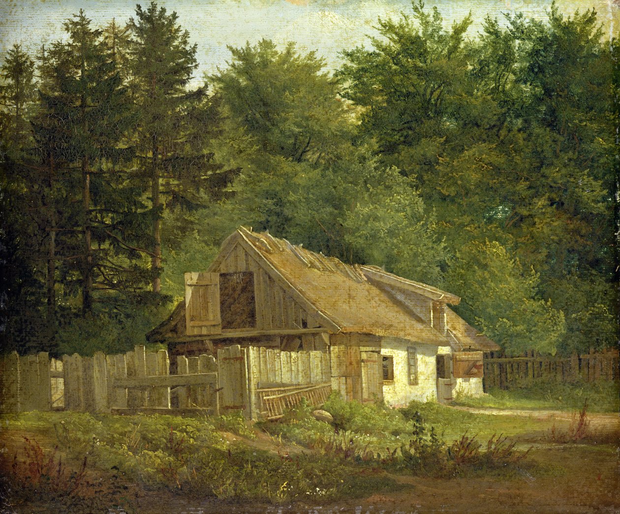 Egy ház a Frederiksdal-erdőben Koppenhága közelében, 1828 (olaj, papír, kártyára montírozva) alkotó: Christian Ernst Bernhard Morgenstern