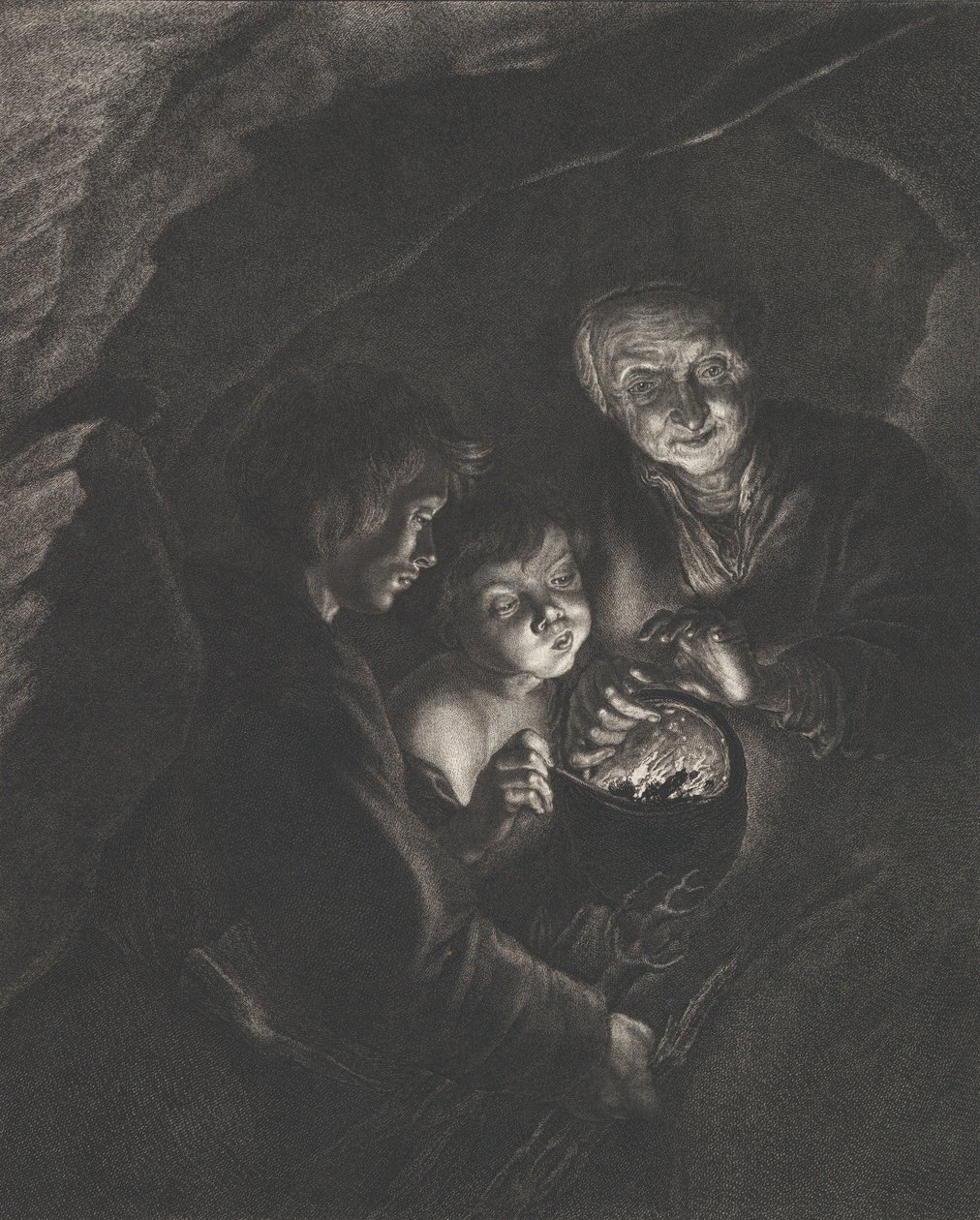 Éjszakai jelenet egy barlangban egy idős asszonnyal, aki égő szenet tart egy fazékban, egy fiú blowi..., kb. 1750-57 alkotó: Christian Friedrich Boëtius
